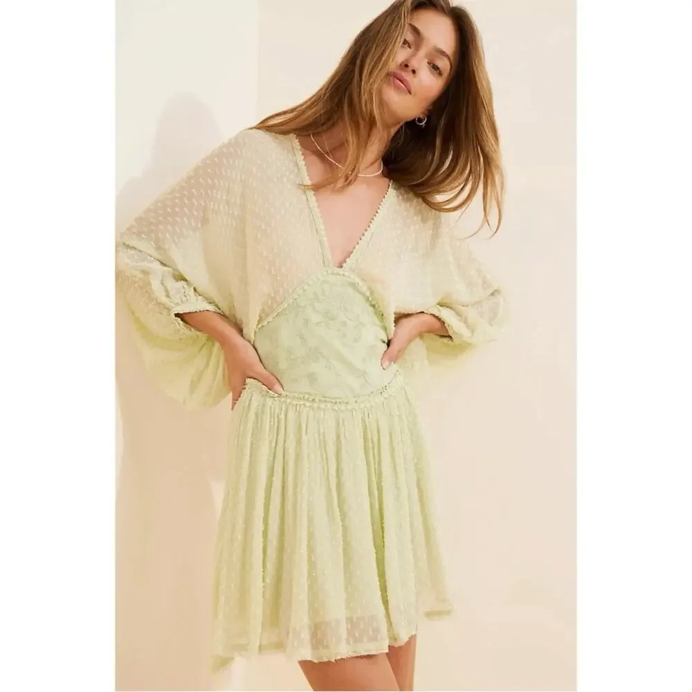 Free People Bohemian Ethereal Cottage Sweet Dreams Mini Dress Frozen Dew Size XL